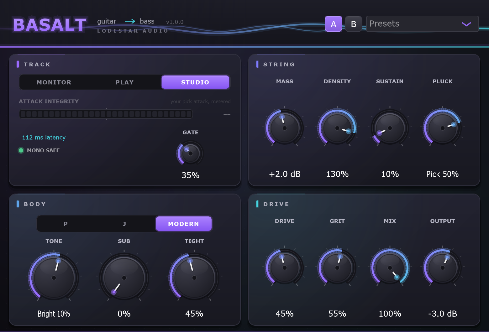 The Basalt plugin interface — Track, String, Body and Drive cards, Mono-Safe lamp and Attack Integrity meter