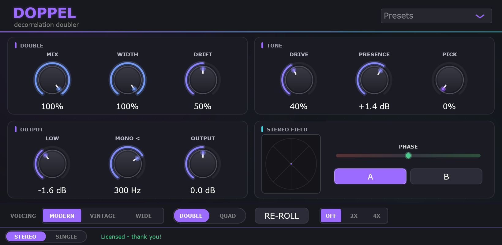 The Doppel plugin interface — knobs, goniometer and phase meter
